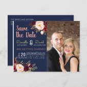 ネイビーブルーとメルロットの花のSave the Date インビテーションポストカード (正面/裏面)