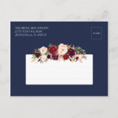 ネイビーブルーとメルロットの花のSave the Date インビテーションポストカード (裏面)