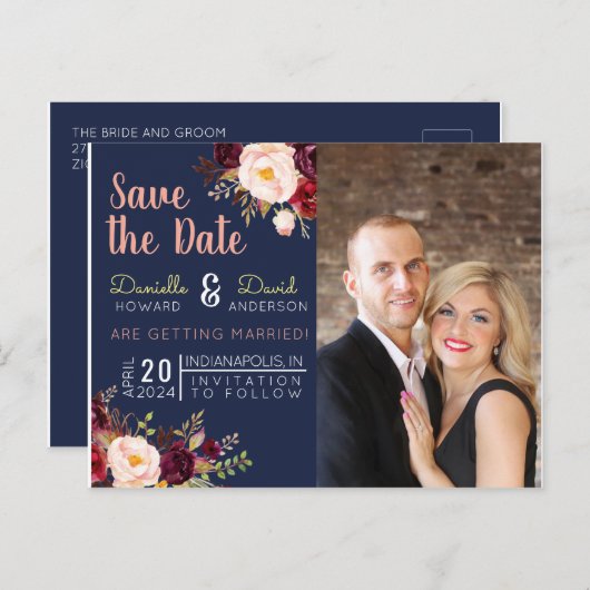 ネイビーブルーとメルローの花のSave the Date インビテーションポストカード (正面/裏面)