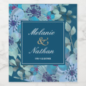 ネイビーブルーとライトブルーの水色のフローラ エレガント ワインラベル (シングルラベル)