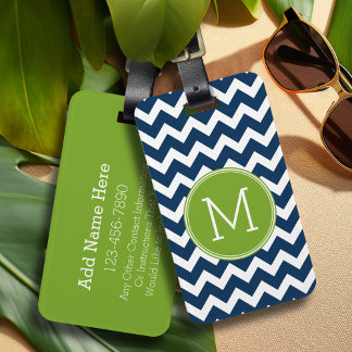 ネイビーブルーとライムグリーンシブロンカスタムズモノグラム ラゲッジタグ