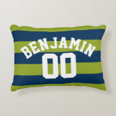 ネイビーブルーとライムグリーンストライプラグビー名番号 アクセントクッション (正面)
