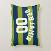 ネイビーブルーとライムグリーンストライプラグビー名番号 アクセントクッション (正面(垂直))