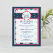 ネイビーブルーとレッドの航海少年ベビーシャワー 招待状 (スタンド正面)