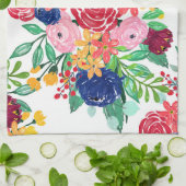 ネイビーブルーとレッドウォーターカラーbohoシックな花 キッチンタオル (折り畳み)