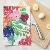 ネイビーブルーとレッドウォーターカラーbohoシックな花 キッチンタオル (四つ折り)