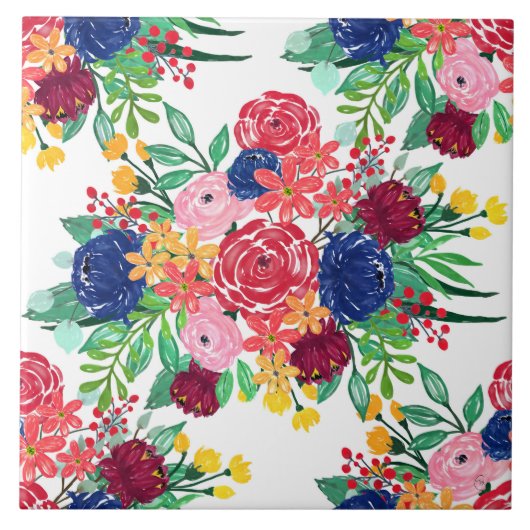 ネイビーブルーとレッドウォーターカラーbohoシックな花 タイル (正面)