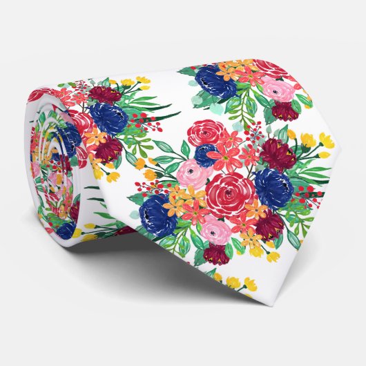 ネイビーブルーとレッドウォーターカラーbohoシックな花 ネクタイ (ロール)