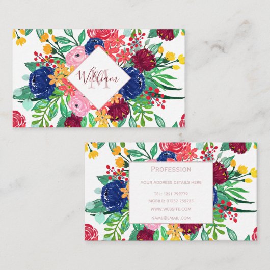 ネイビーブルーとレッドウォーターカラーbohoシックな花 名刺 (正面/裏面)