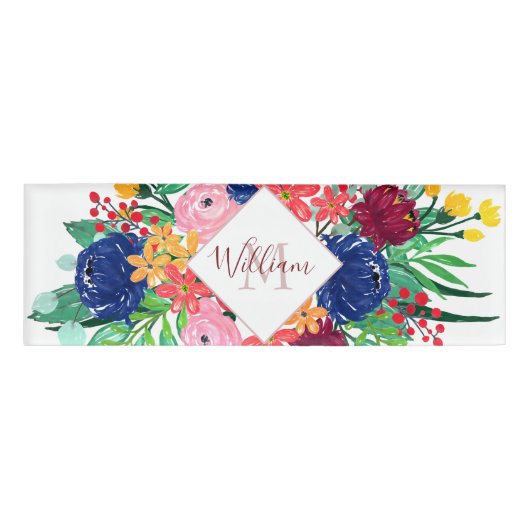 ネイビーブルーとレッドウォーターカラーbohoシックな花 名札 (正面)