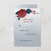 ネイビーブルーとレッドフラワー 出欠カード (正面/裏面)