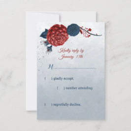 ネイビーブルーとレッドフラワー 出欠カード