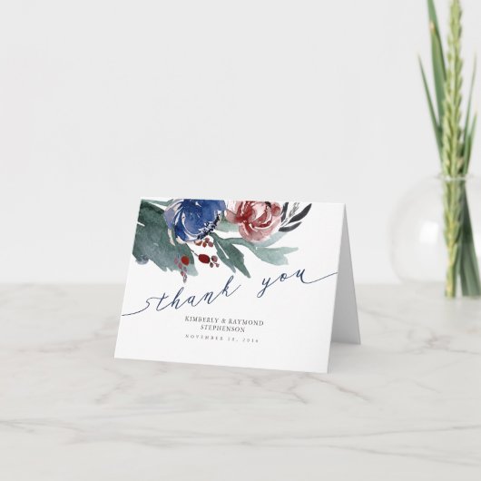 ネイビーブルーとレッドフローラリース結婚の感謝 サンキューカード (正面)