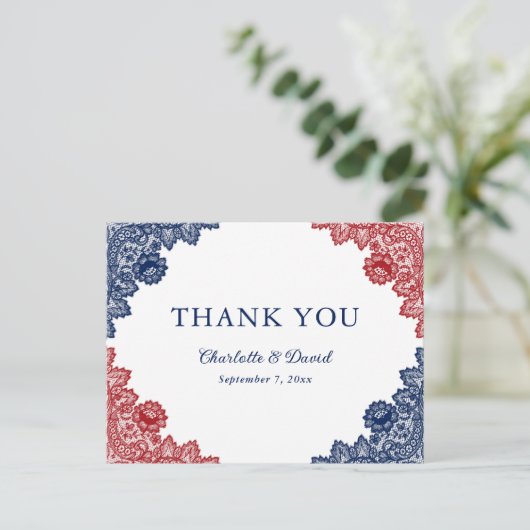 ネイビーブルーとレッドフローラレース結婚の感謝 ポストカード (スタンド正面)