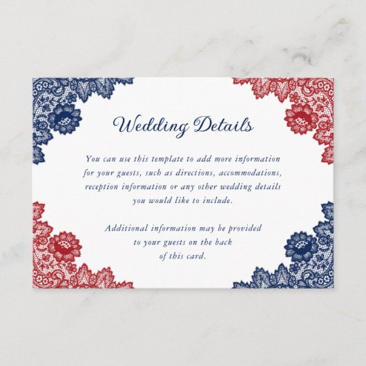 ネイビーブルーとレッドフローラレース結婚の詳細 エンクロージャーカード (正面)