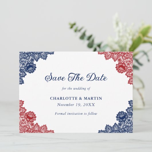 ネイビーブルーとレッドフローラレース結婚ズ セーブザデート (スタンド正面)