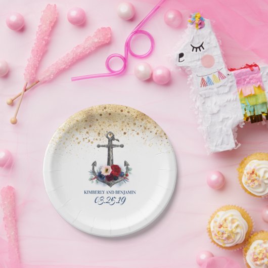 ネイビーブルーとレッドフローラ航海のいかり結婚 ペーパープレート (パーティー)