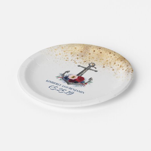 ネイビーブルーとレッドフローラ航海のいかり結婚 ペーパープレート (アングル)