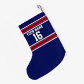 ネイビーブルーとレッドホワイトストライプチームジャージー スモールクリスマスストッキング (裏面 (吊り時))