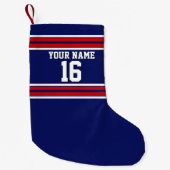ネイビーブルーとレッドホワイトストライプチームジャージー スモールクリスマスストッキング (正面)