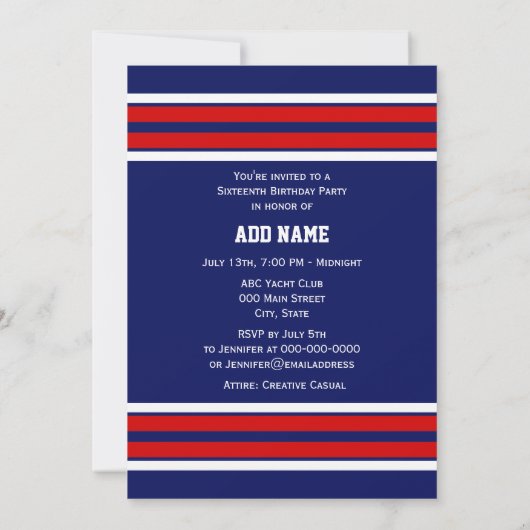 ネイビーブルーとレッドホワイトストライプチームジャージー 招待状 (裏面)