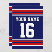 ネイビーブルーとレッドホワイトストライプチームジャージー 招待状 (正面/裏面)