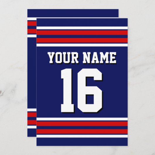 ネイビーブルーとレッドホワイトストライプチームジャージー 招待状 (正面/裏面)