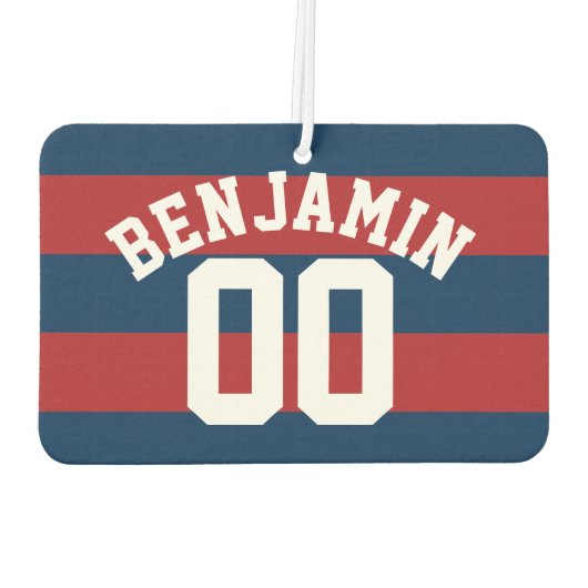 ネイビーブルーとレッドラグビーストライプグの名前番号 カーエアーフレッシュナー (裏面)