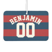 ネイビーブルーとレッドラグビーストライプグの名前番号 カーエアーフレッシュナー (正面)