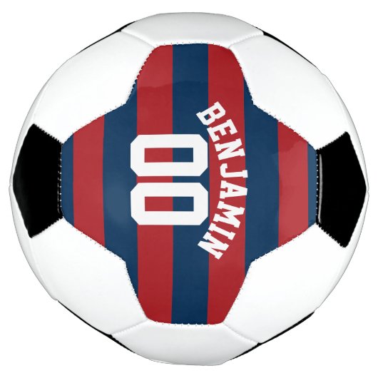 ネイビーブルーとレッドラグビーストライプグの名前番号 サッカーボール (回転)