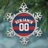 ネイビーブルーとレッドラグビーストライプグの名前番号 スノーフレークピューターオーナメント