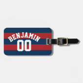 ネイビーブルーとレッドラグビーストライプグの名前番号 ラゲッジタグ (正面横)