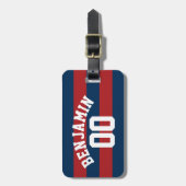 ネイビーブルーとレッドラグビーストライプグの名前番号 ラゲッジタグ (正面縦)