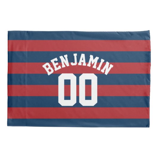 ネイビーブルーとレッドラグビーストライプグの名前番号 枕カバー (裏面)