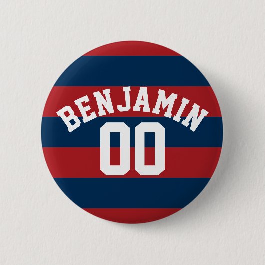 ネイビーブルーとレッドラグビーストライプグの名前番号 缶バッジ (正面)