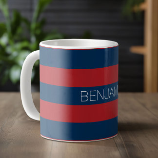 ネイビーブルーとレッドラグビーストライプ名前をカスタムする付き コーヒーマグカップ
