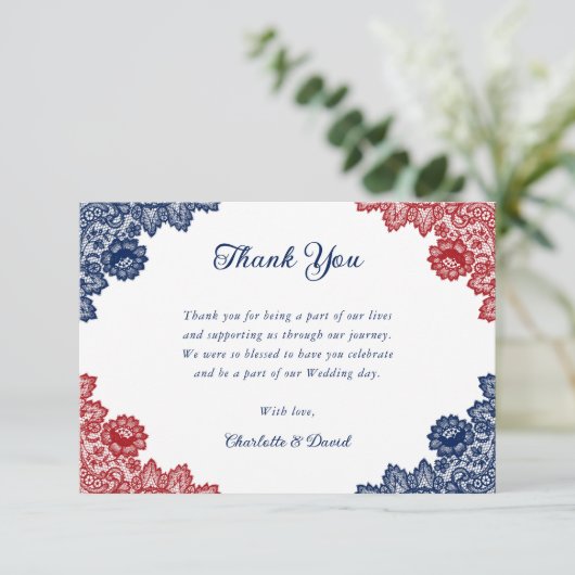 ネイビーブルーとレッド素朴フローラレース結婚ズ サンキューカード (スタンド正面)