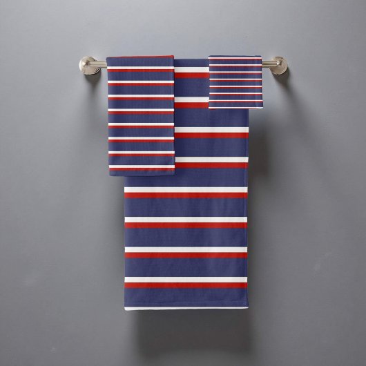 ネイビーブルーとレッド航海のストライプのパターンスタイリッシュ バスタオルセット