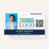 ネイビーブルーとロゴ写真QRコード従業員ID バッジ (正面)