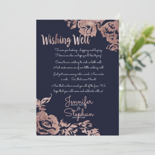 ネイビーブルーとローズゴールドの花のウィッシュウェル 招待状 (スタンド正面)