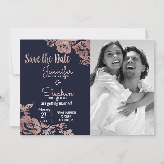 ネイビーブルーとローズゴールドの花柄のSave the Date セーブザデート (正面)
