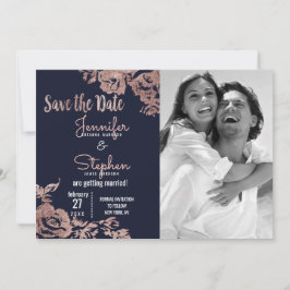 ネイビーブルーとローズゴールドの花柄のSave the Date セーブザデート