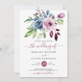 ネイビーブルーとワインウォーターの色のフローラ結婚ズ 招待状 (正面)