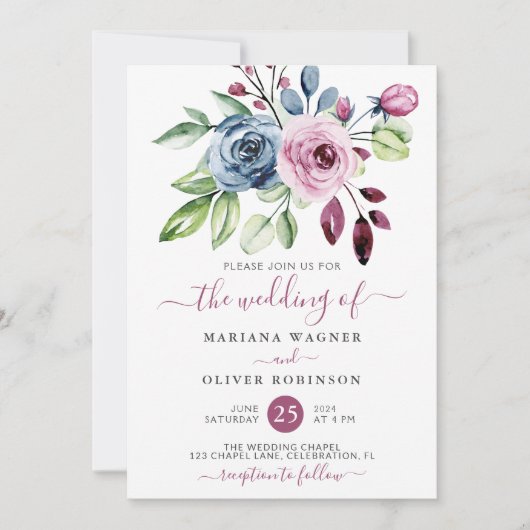 ネイビーブルーとワインウォーターの色のフローラ結婚ズ 招待状 (正面)