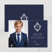 ネイビーブルーと偽銀の紋章の少年写真の確認 サンキューカード (正面/裏面)