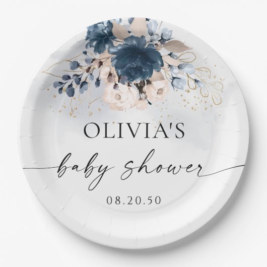 ネイビーブルーと埃っぽいバラベビーシャワー紙プレート ペーパープレート (正面)