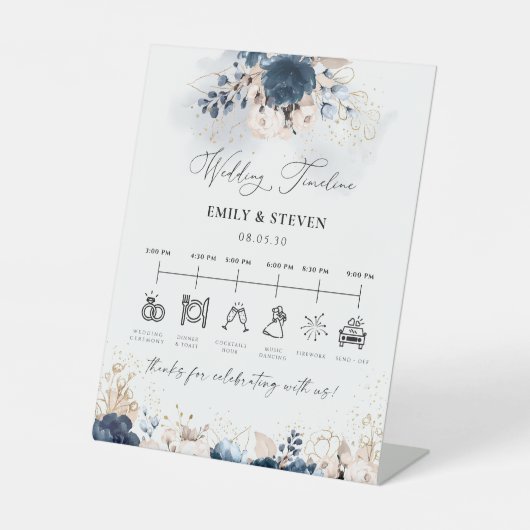 ネイビーブルーと埃っぽいバラ結婚のタイムライン記号 台座サイン (正面)