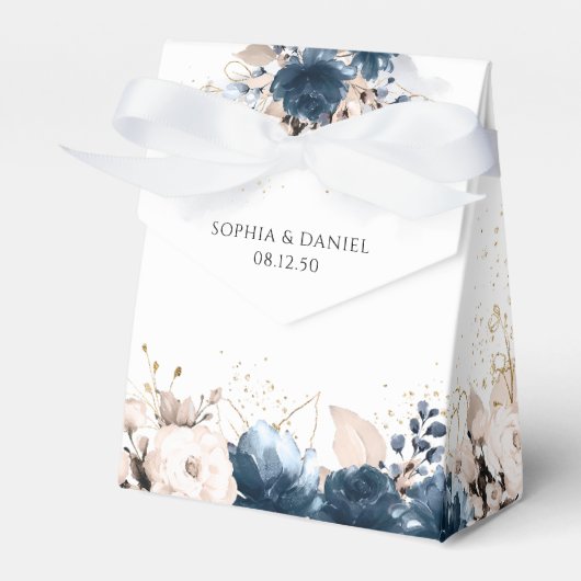ネイビーブルーと埃っぽいバラ結婚式の引き出物ボックス フェイバーボックス (正面サイド)