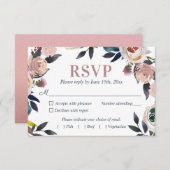 ネイビーブルーと埃っぽいピンクのフローラエレガントな結婚式 出欠カード (正面/裏面)