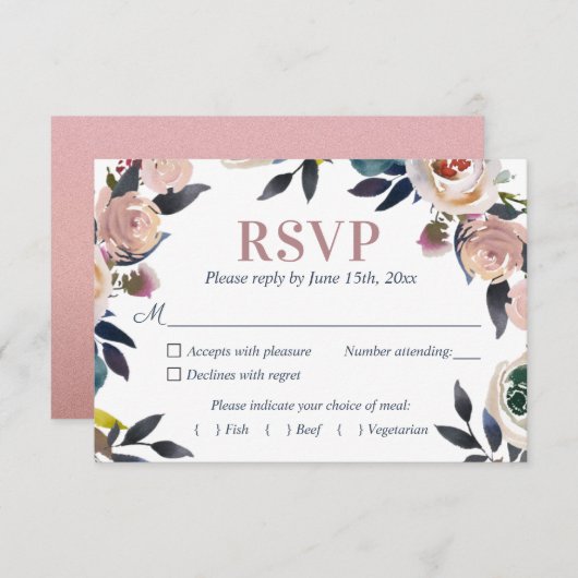 ネイビーブルーと埃っぽいピンクのフローラエレガントな結婚式 出欠カード (正面/裏面)